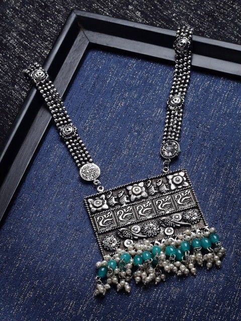

PANASH Silver-Toned & Green German Silver Oxidised Necklace