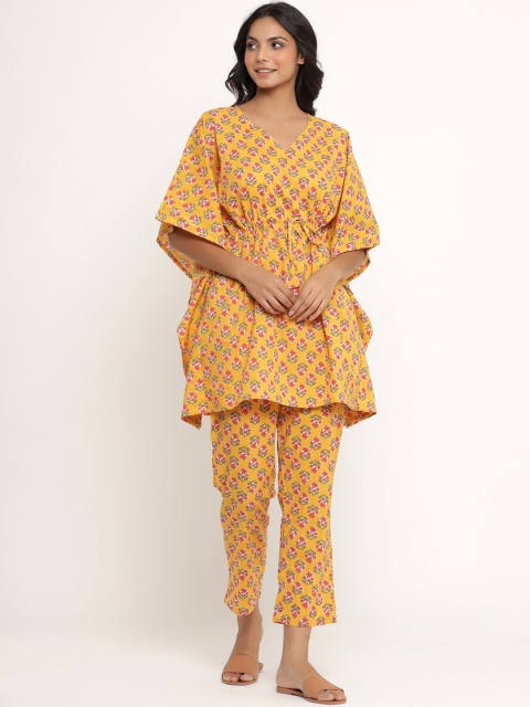 

JISORA Women Yellow & Pink Ethnic Motifs Printed Pure Cotton Kaftan Night Suit