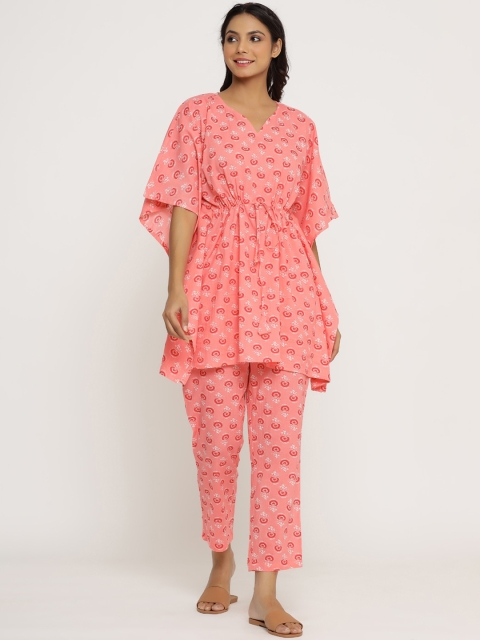 

JISORA Women Pink & White Printed Night suit