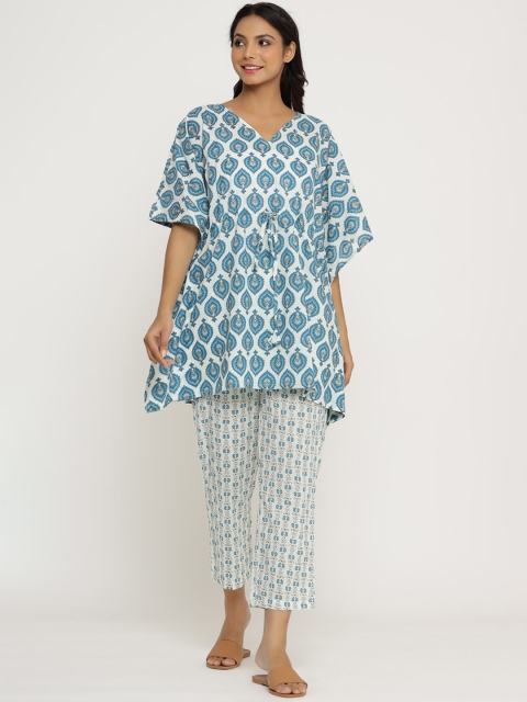 

JISORA Women White & Blue Printed Kaftan Top & Pyjama Pure Cotton Night suit