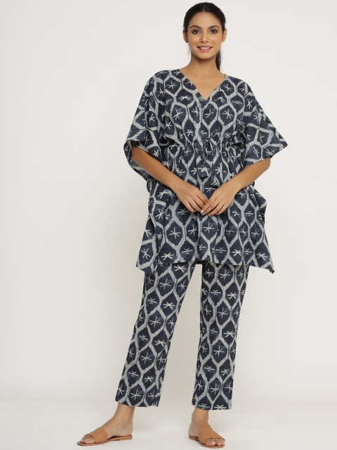 

JISORA Women Blue & Grey Printed Pure Cotton Kaftan Night suit