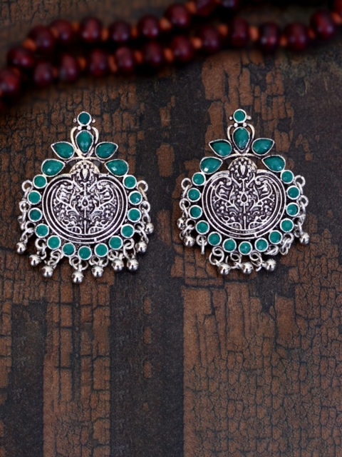 

Indi INSIDE Green & Silver-Toned Contemporary Drop Earrings