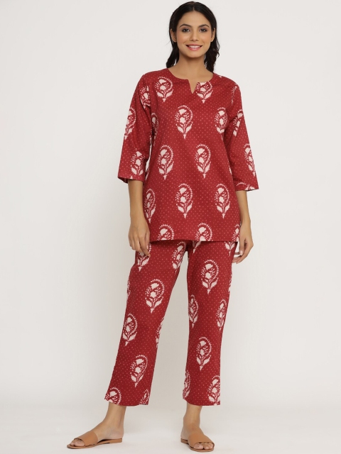 

JISORA Women Maroon & White Printed Pure Cotton Night suit