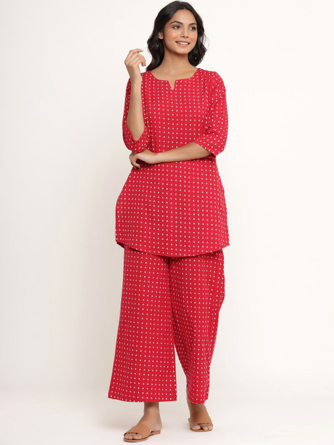 

JISORA Women Red & White Ethnic Motifs Printed Pure Cotton Night Suit