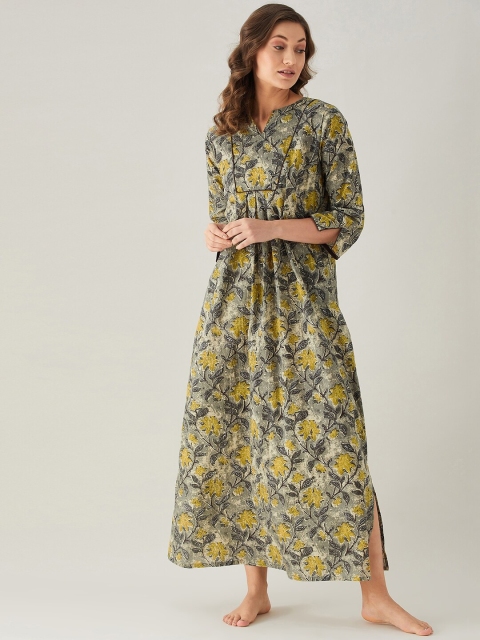 

The Kaftan Company Green Printed Pure Cotton Maxi Nightdress