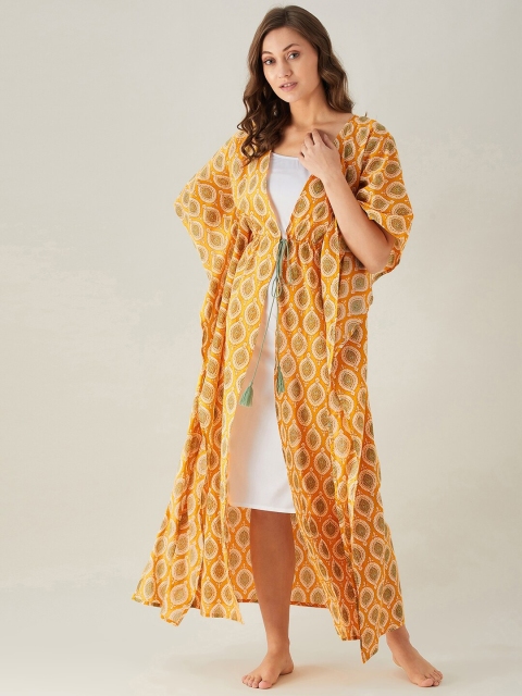 

The Kaftan Company Yellow & Green Ethnic Motifs Printed Pure Cotton Maxi Kaftan Nightdress