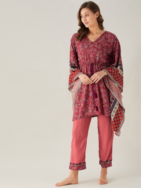 

The Kaftan Company Women Mauve & White Printed Night suit