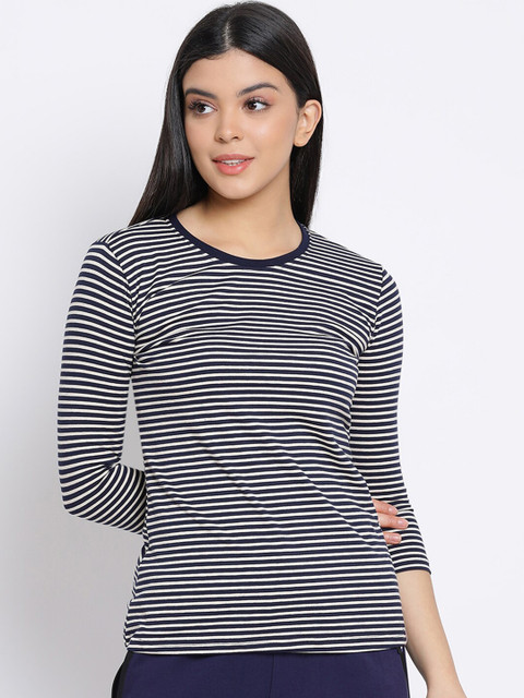 

LYRA Women Navy Blue & White Striped T-shirt