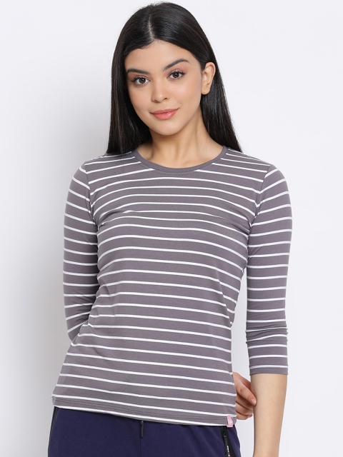 

LYRA Women Grey & White Striped T-shirt