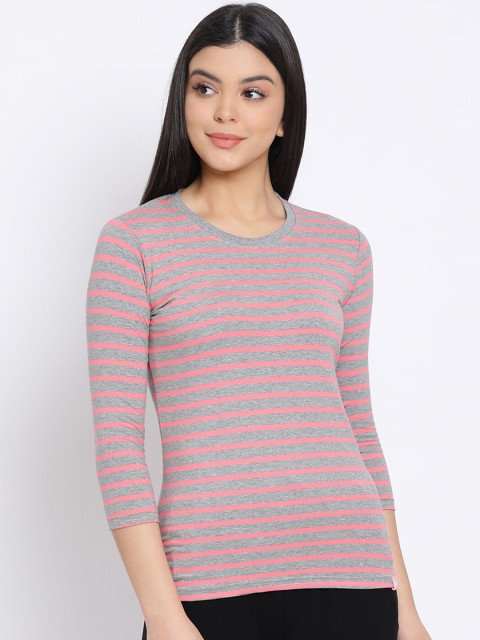 

LYRA Women Grey Striped Pockets T-shirt