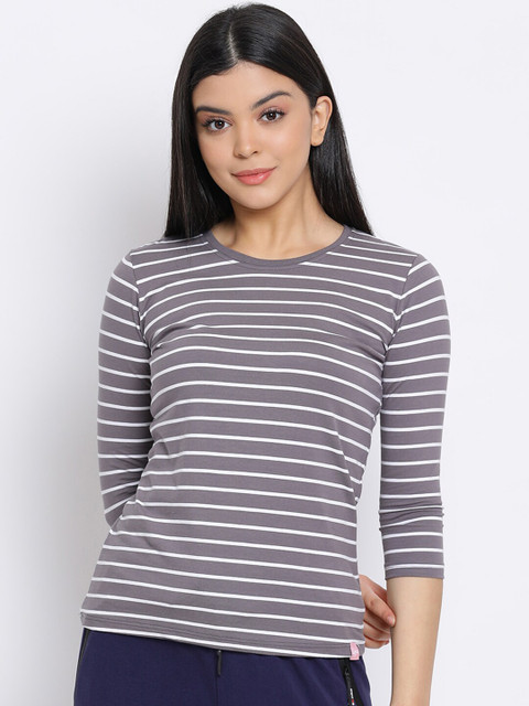 

LYRA Women Grey & White Striped T-shirt