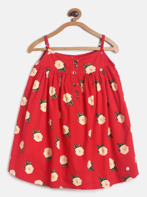 

TALES & STORIES Red & Yellow Floral Printed Cotton A-Line Dress