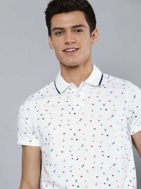 

Mast & Harbour Men White & Navy Blue Printed Polo Collar T-shirt