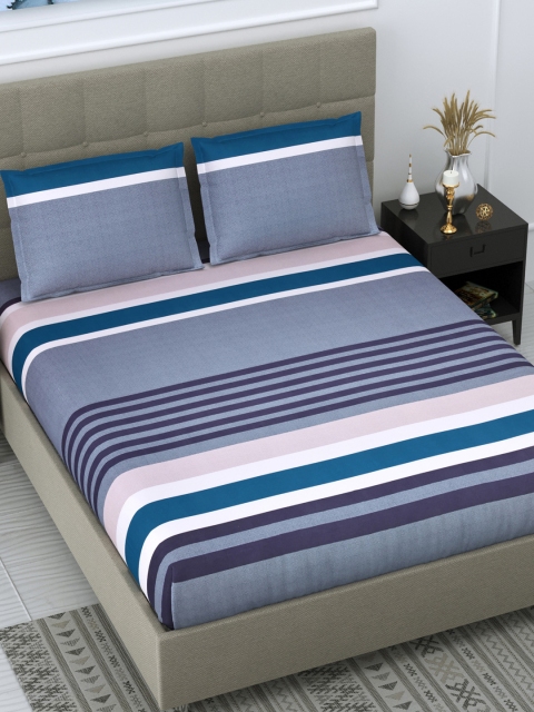 

DREAM WEAVERZ Grey & Blue Striped Glazed Cotton 220 TC King Bedsheet with 2 Pillow Covers