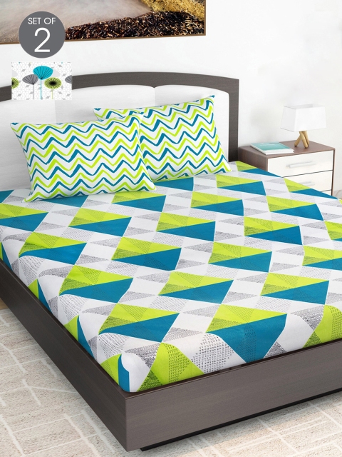 

Divine Casa Green & Turquoise Blue Geometric 144 TC 2 King Bedsheet with 4 Pillow Covers