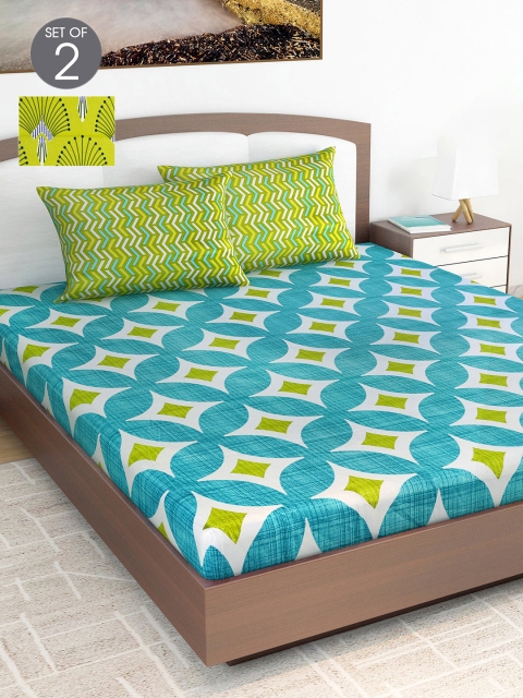 

Divine Casa Blue & Green Geometric 144 TC 2 King Bedsheet with 4 Pillow Covers