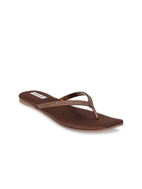 

Zyla Women Brown Embellished T-Strap Flats
