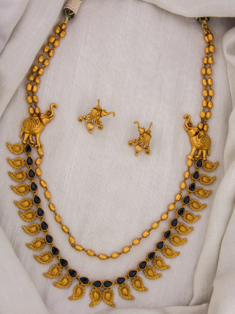 

Alankruthi Woman Gold-Plated Blue Stone Mango double stranded Long Hara Matte Finish Set