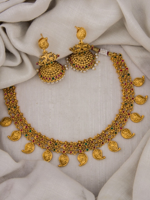 

Alankruthi Gold-Plated Pink & Green Stone-Studded & Beaded Jewellery Set
