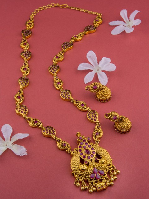 

Alankruthi Gold Plated Pink Stone Studded & Beadded Peacock Mango design Long Hara Matte Finish Set