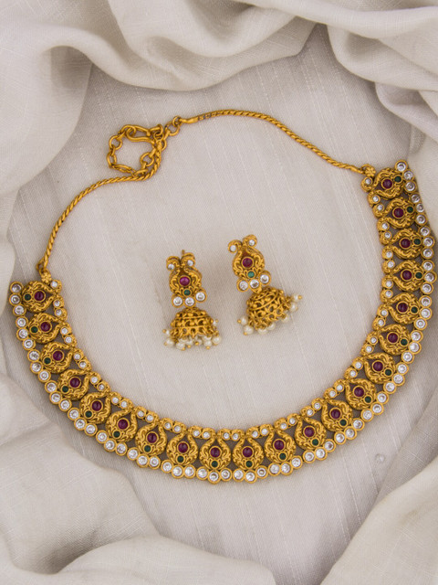 

Alankruthi Gold-Plated Pink & Green Stone-Studded & Beaded Temple Jewellery Set
