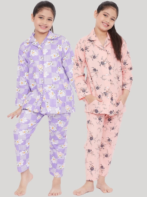 

KYDZI Girls Pack Of 2 Peach-Coloured & Purple Printed Night Suit