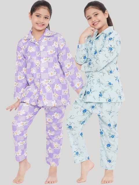 

KYDZI Girls Pack of 2 Blue & Lavender Printed Night Suit