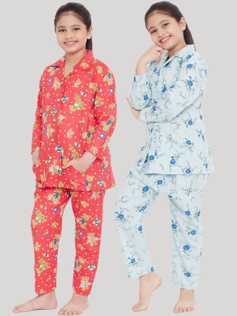 

KYDZI Girls Pack Of 2 Blue & Red Printed Night Suit