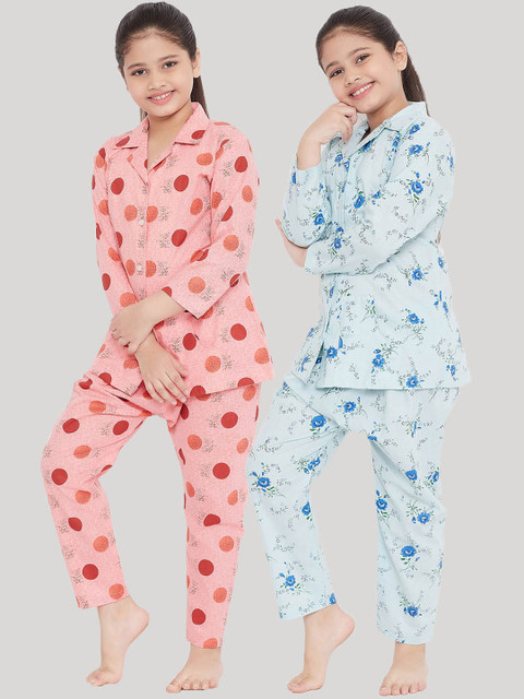

KYDZI Girls Pack Of 2 Red & Blue Printed Night suit