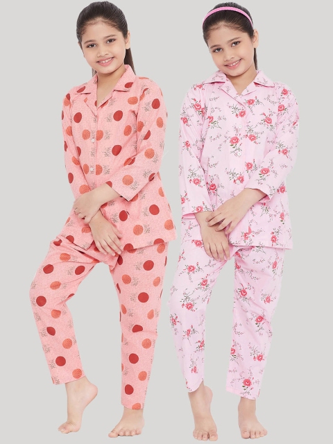 

KYDZI Girls Pack of 2 Peach-Coloured & Pink Printed Night suit