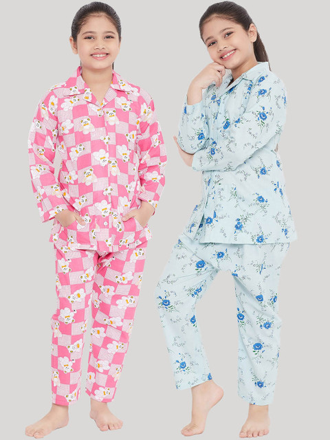 

KYDZI Girls Pack of 2 Blue & Pink Printed Night suit