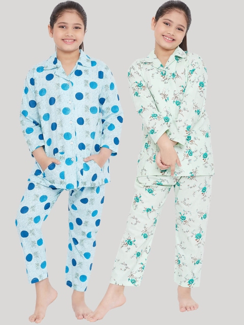 

KYDZI Girls Pack of 2 Blue & Sea Green Printed Night suit