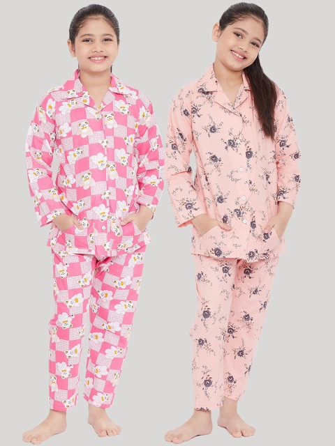 

KYDZI Girls Pack of 2 Pink & Peach-Coloured Printed Night suit