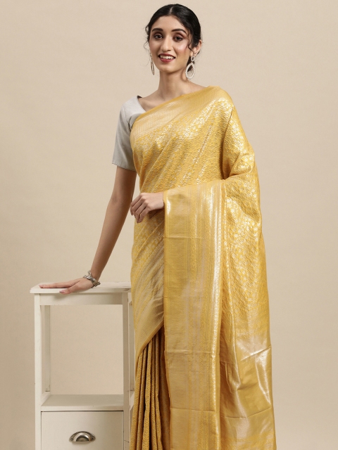 

VASTRANAND Yellow & Silver-Toned Woven Design Zari Silk Blend Kanjeevaram Saree