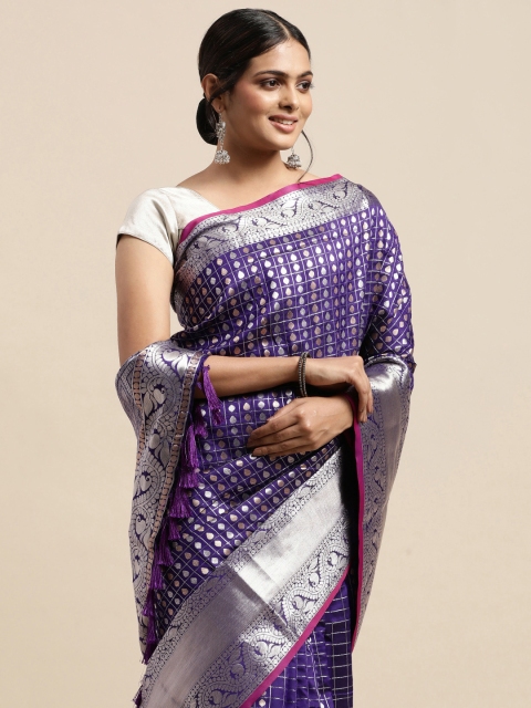 

VASTRANAND Purple & Gold-Toned Zari Silk Blend Banarasi Saree