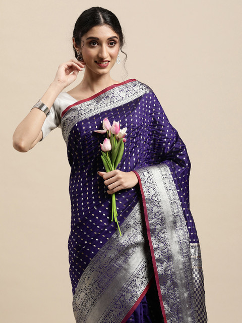 

VASTRANAND Purple & Silver-Toned Zari Silk Blend Banarasi Saree