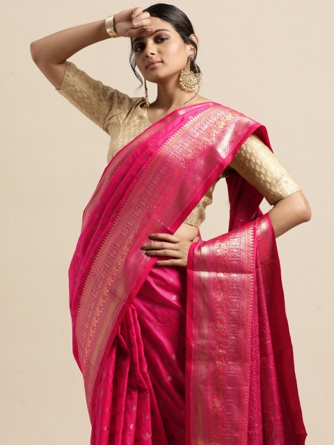 

VASTRANAND Pink & Gold-Toned Ethnic Motifs Zari Silk Blend Kanjeevaram Saree