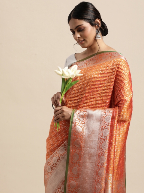 

VASTRANAND Orange & Gold-Toned Zari Silk Blend Banarasi Saree