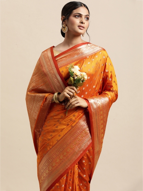 

VASTRANAND Orange & Gold-Toned Ethnic Motifs Zari Silk Blend Kanjeevaram Saree