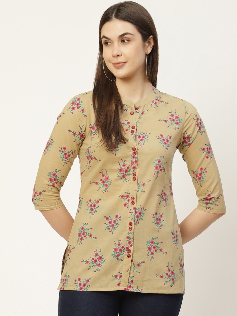 

FABRIC FITOOR Beige & Pink Floral Print Mandarin Collar Top