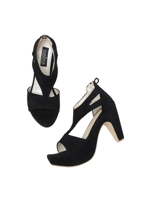 

SAPATOS Woman Black Suede Peep Toe Block Heels