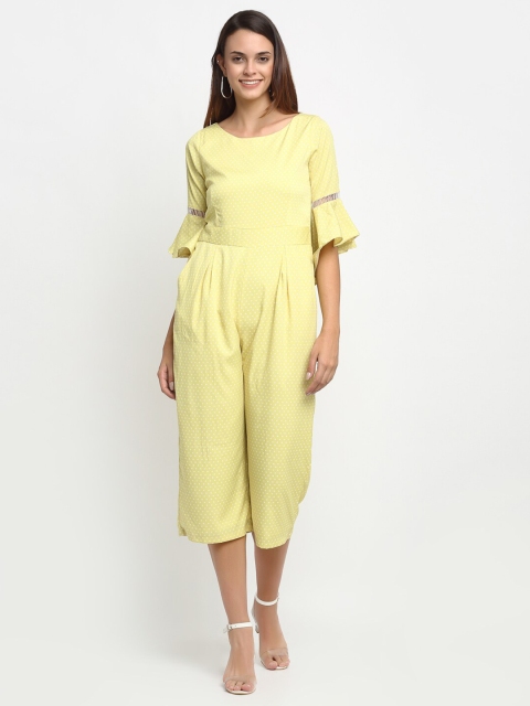 

Aujjessa Lime Green & White Printed Pure Crepe Capri Jumpsuit