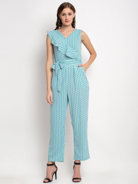 

Aujjessa Turquoise Blue & White Printed Basic Jumpsuit with Ruffles