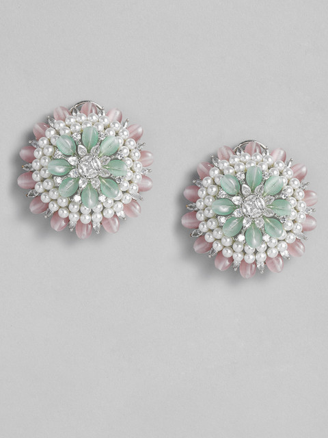 

MIDASKART Green & Pink Rhodium Plated Circular Embellished Oversized Studs