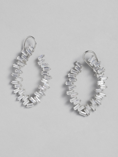 

MIDASKART White & Silver-Toned Rhodium Plated Cubic Zirconia Oval Drop Earrings