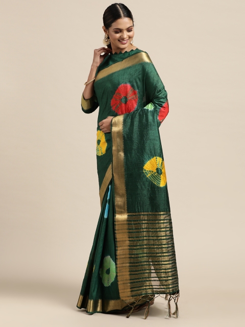 

Mitera Green & Gold-Toned Batik Print Zari Nylon Silk Saree