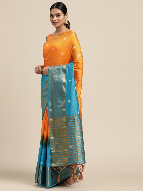 

Mitera Orange & Blue Tie & Dye Bandhani Printed Saree