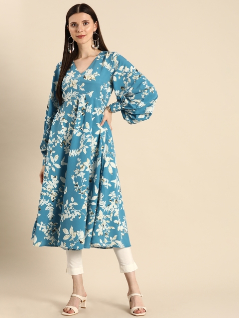 

Anouk Women Blue & Off White Floral Printed V-Neck Anarkali Kurta