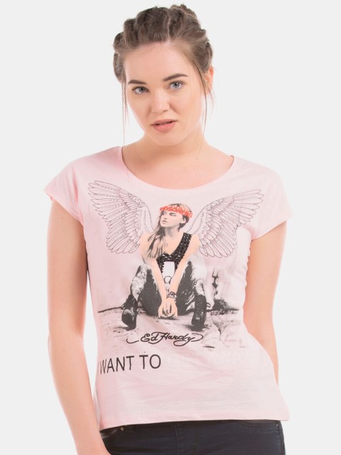 

Ed Hardy Women Pink Printed Extended Sleeves T-shirt