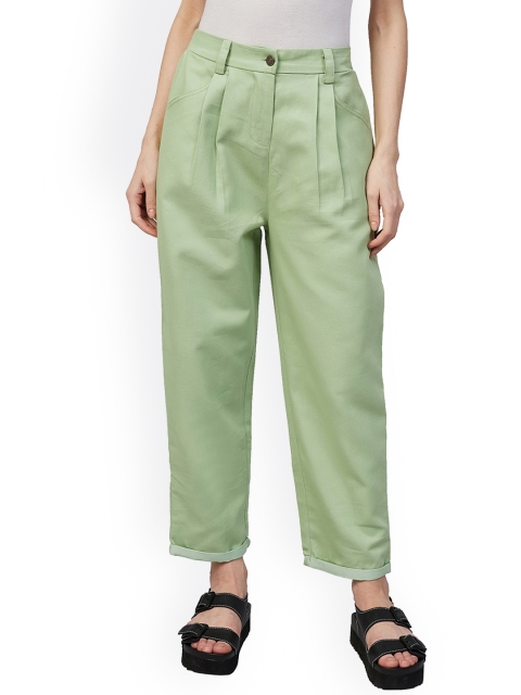 

Orchid Blues Women Green Tapered Fit High-Rise Pleated Trousers